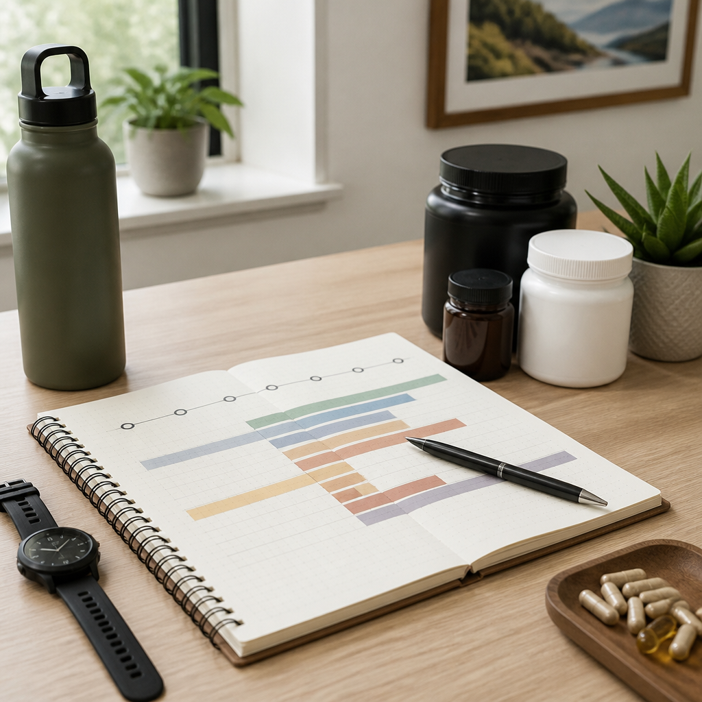 Fitness planning workspace with training journal, supplement containers, and organized phase chart for rebuilding routine