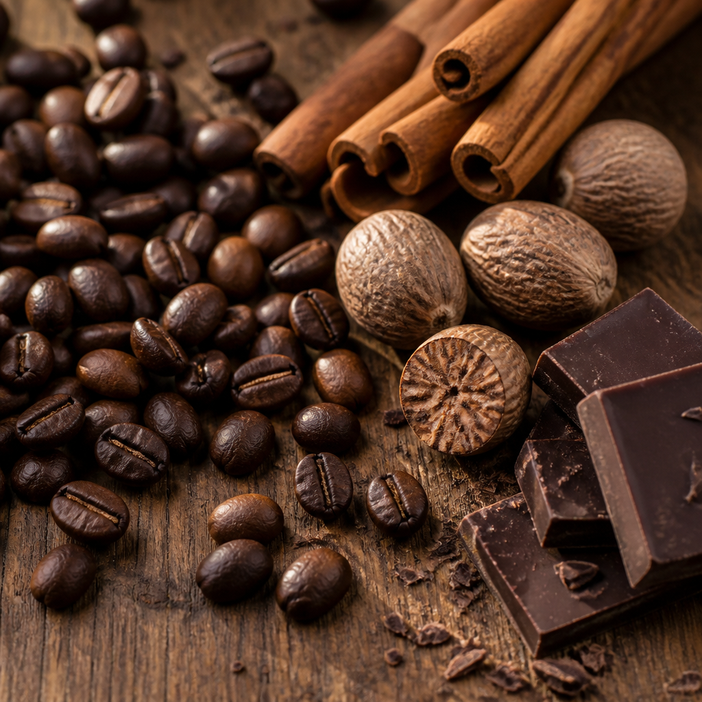 Dark roasted Arabica coffee beans with nutmeg, cinnamon, and dark chocolate on wooden surface