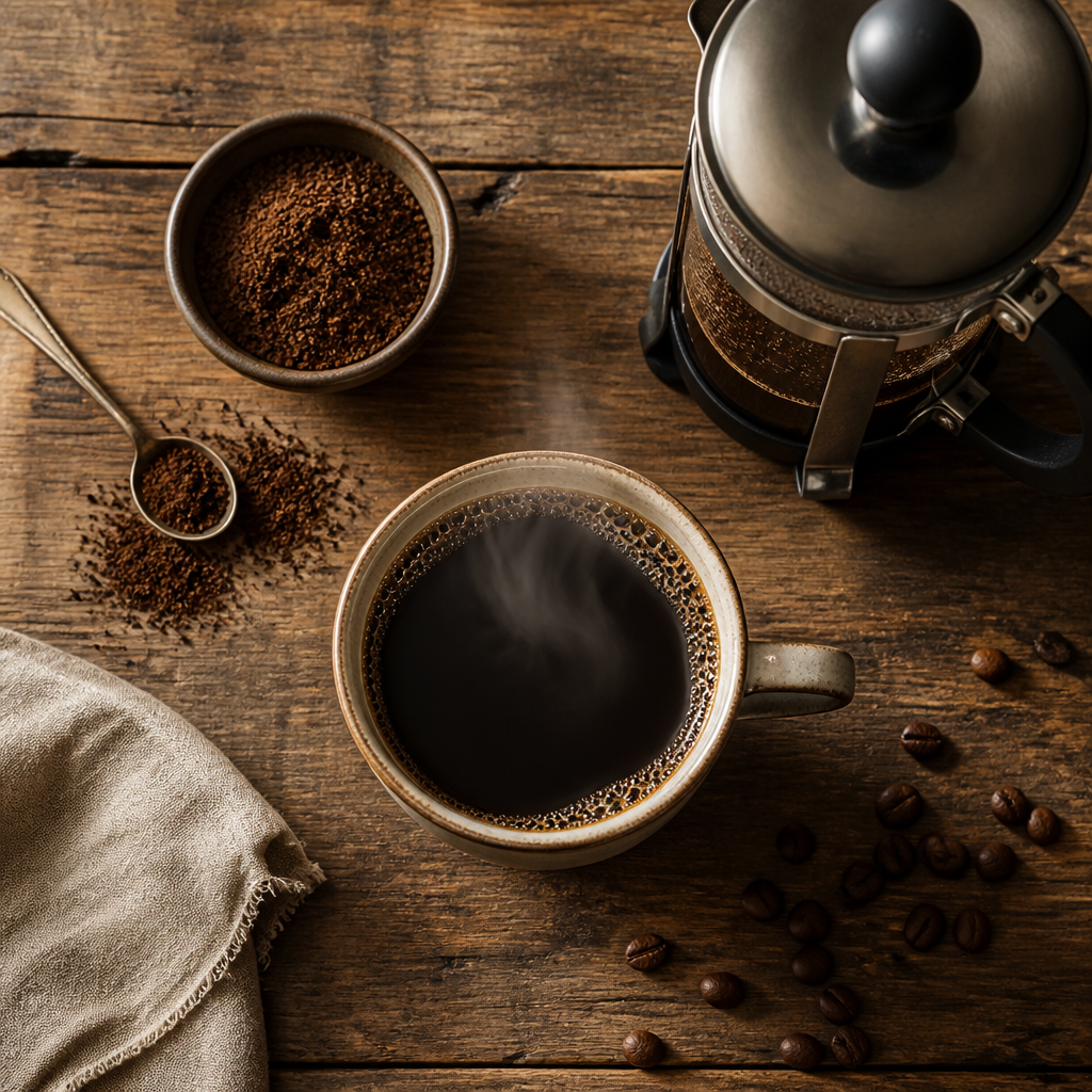 Full-bodied dark roast coffee in a cup with brewing equipment on a rustic table