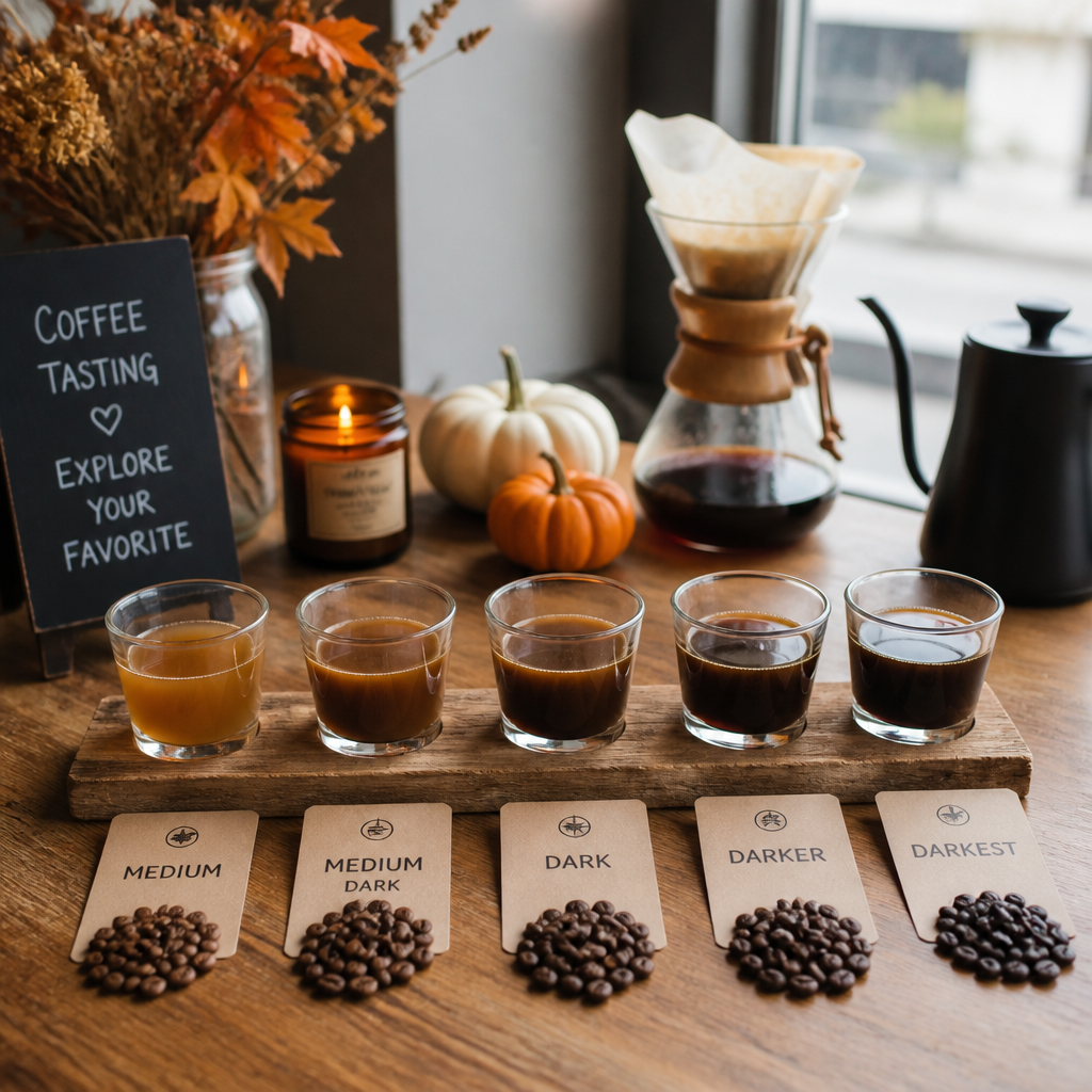 Coffee tasting flight showing progression of roast levels from medium to dark