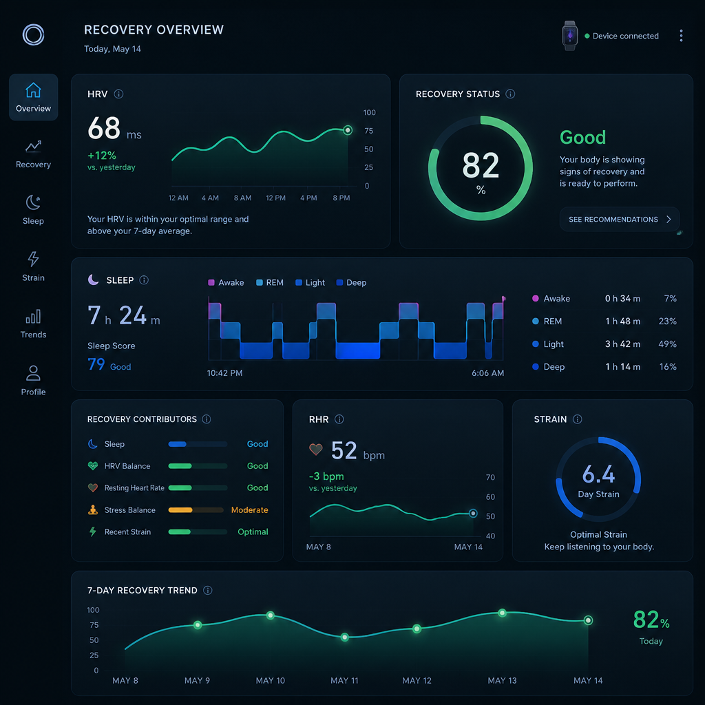 Visualização de dados de recuperação: HRV, sono e métricas de saúde