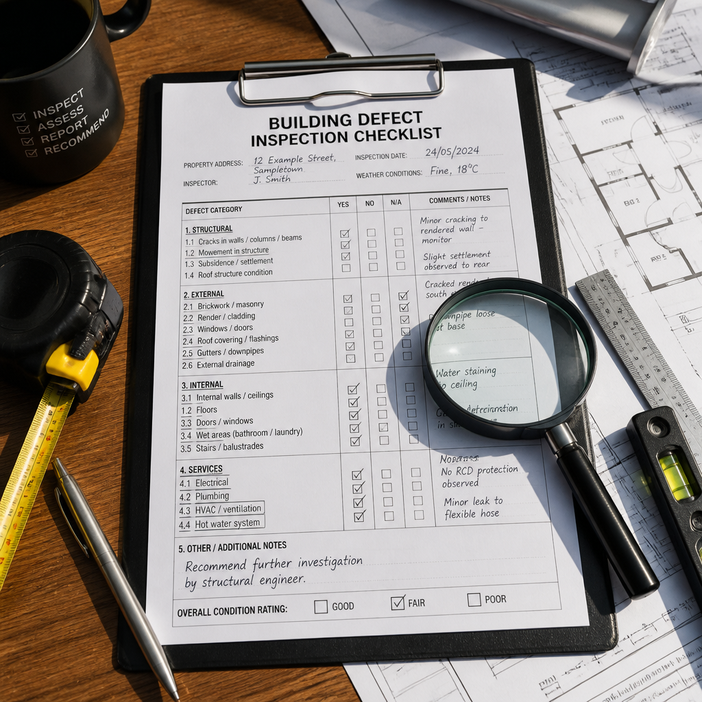 Building inspection clipboard with checklist and professional inspection tools