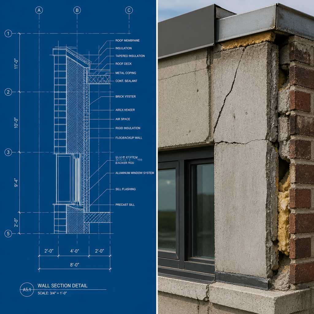 Architectural blueprint compared with actual building construction details