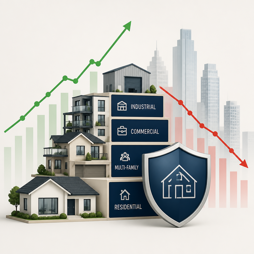 Investment portfolio protection concept with property icons and financial charts