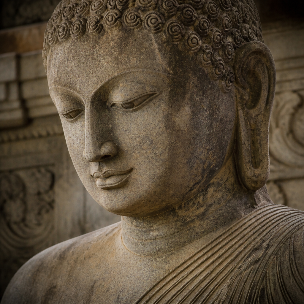 Detailed view of carved Sri Lankan Buddha statue face and upper torso showing Sinhalese artistic style