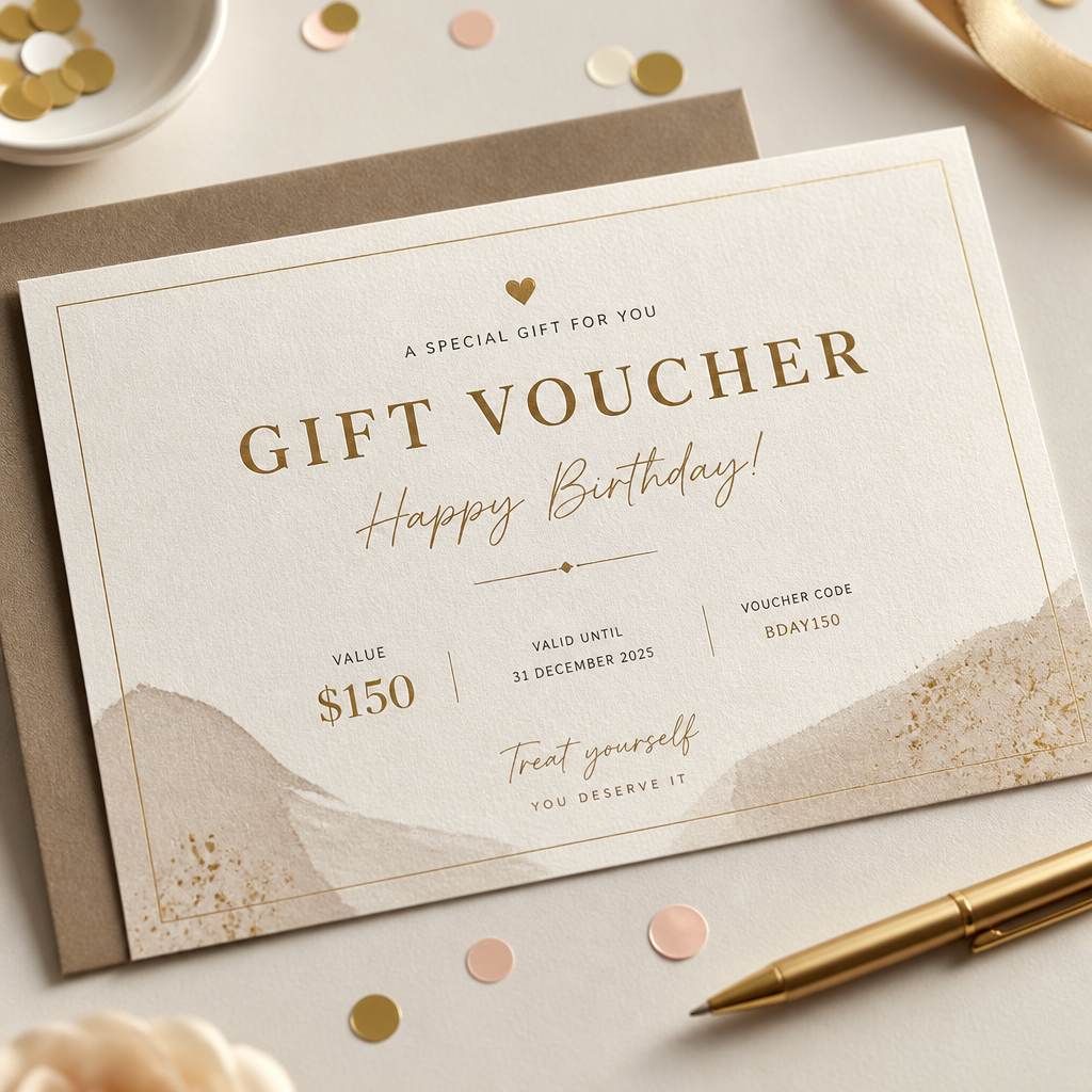 Elegancki voucher na prezent rozłożony na minimalnym biurku