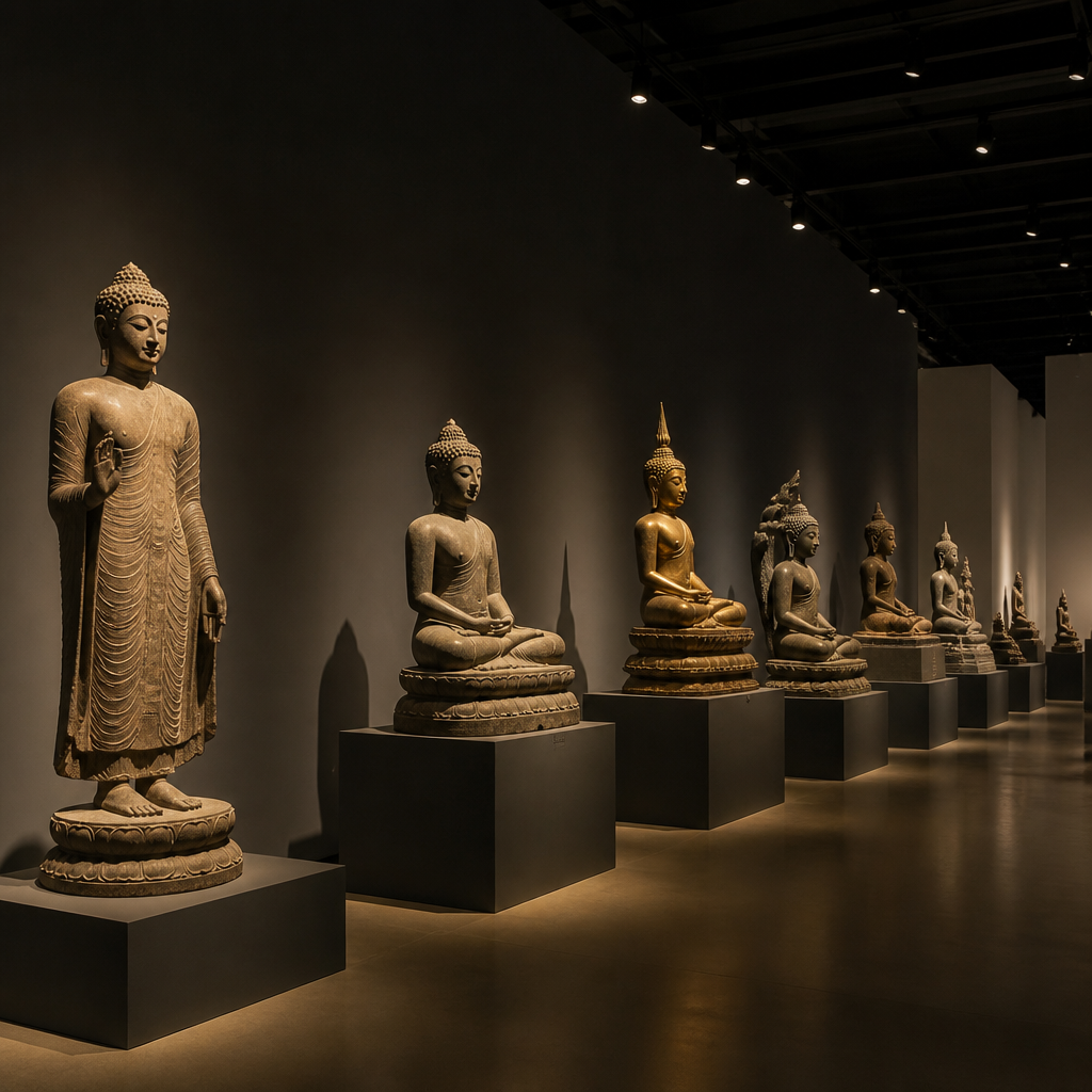 Museum gallery showcasing different Buddhist sculpture traditions in comparative display