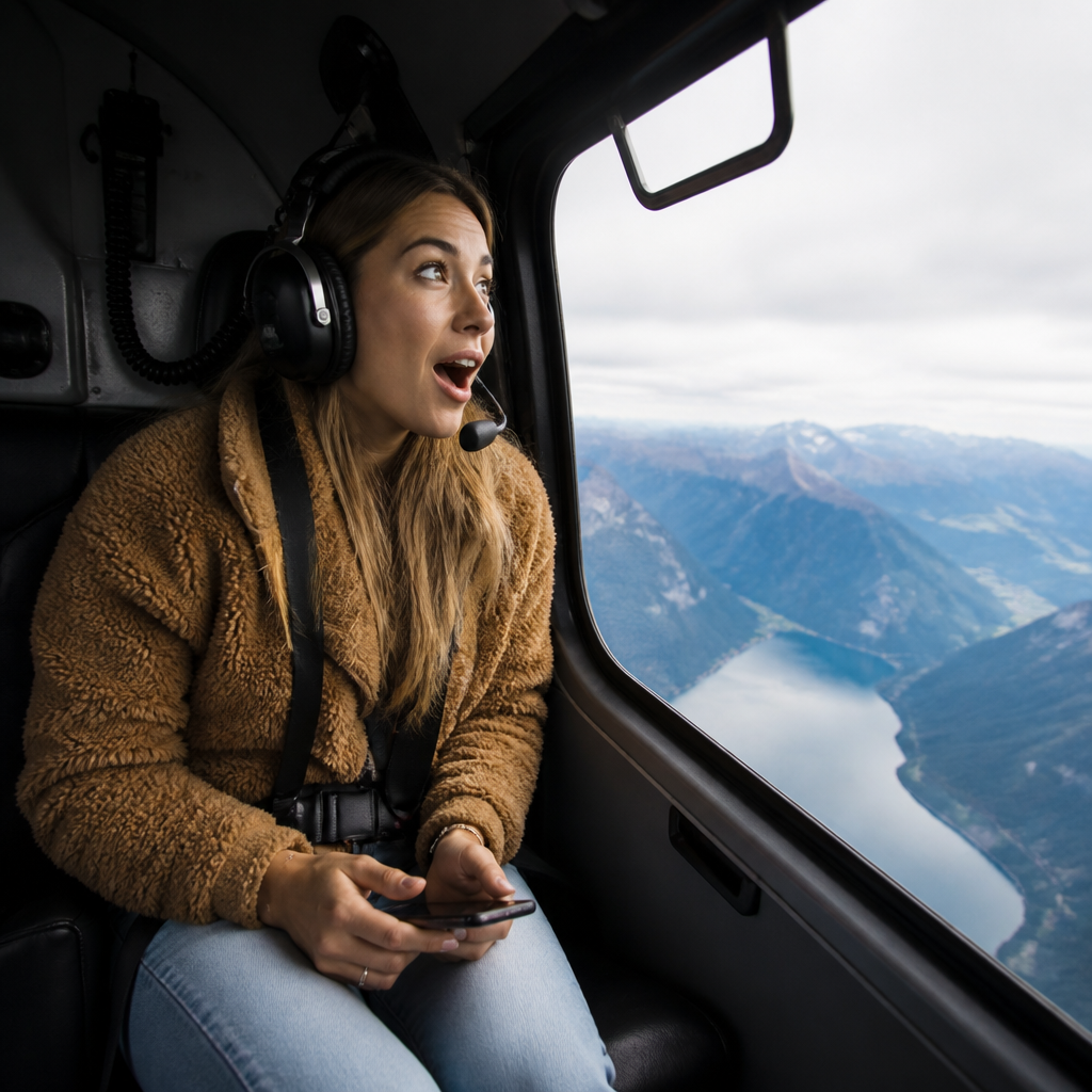 Pasażer helikoptera patrzący przez okno z wyrazem zdziwienia i radości