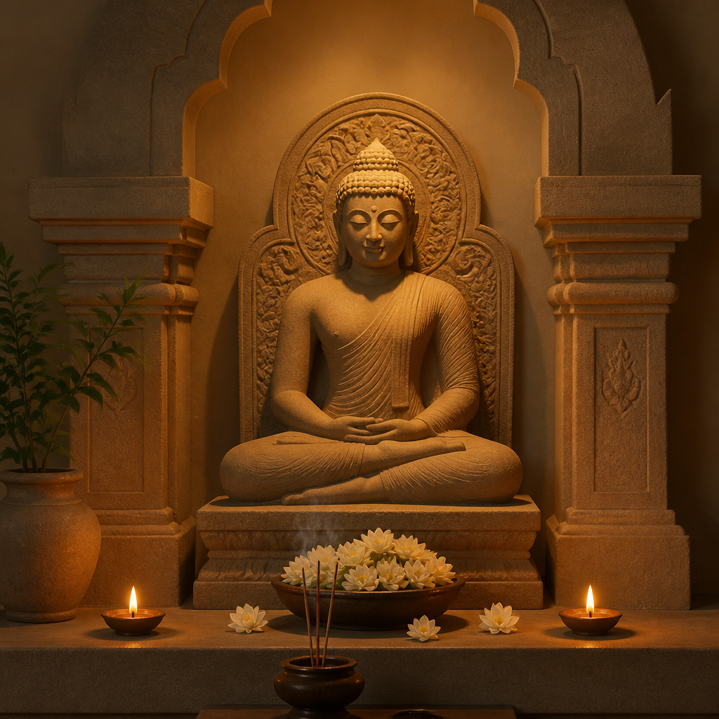 Home altar arrangement featuring a Sri Lankan Buddha sculpture in contemplative setting
