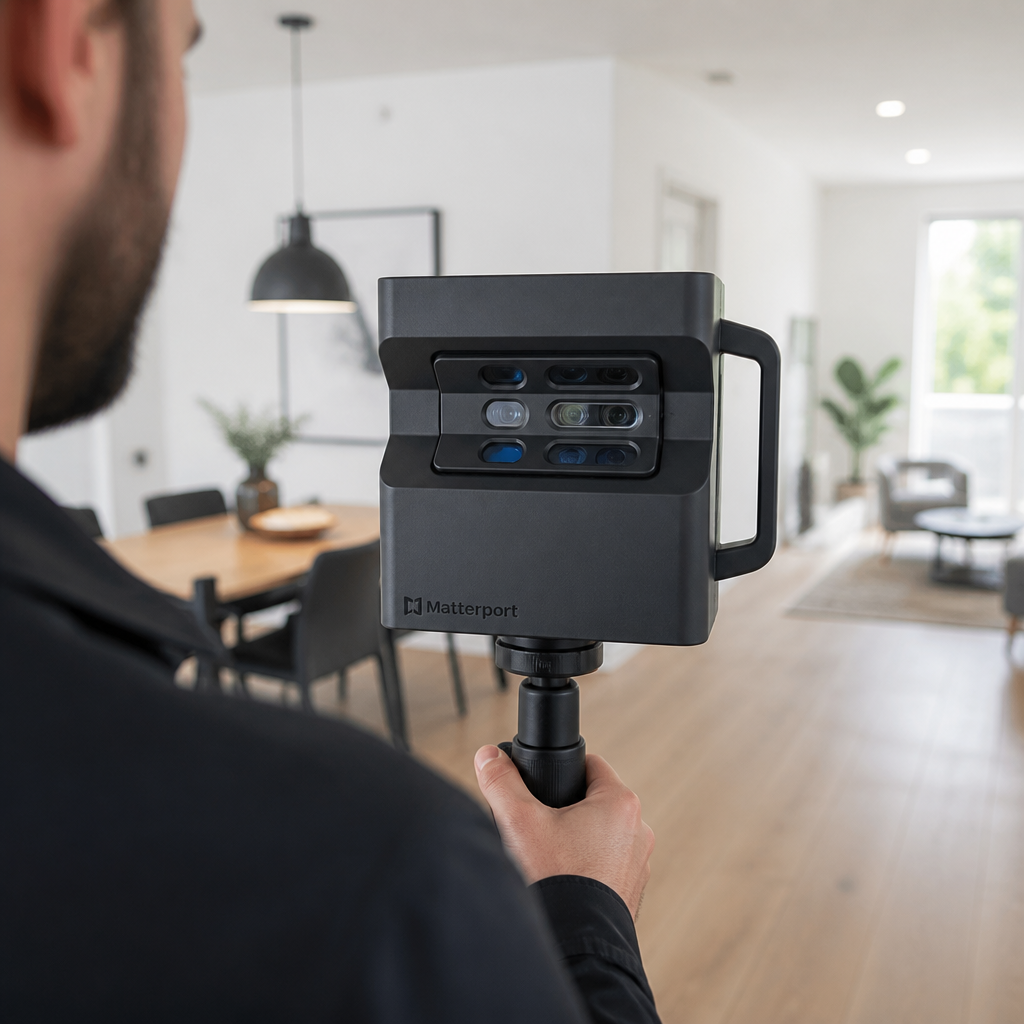 Tekniker med 3D-scanningsudstyr i en lejlighed