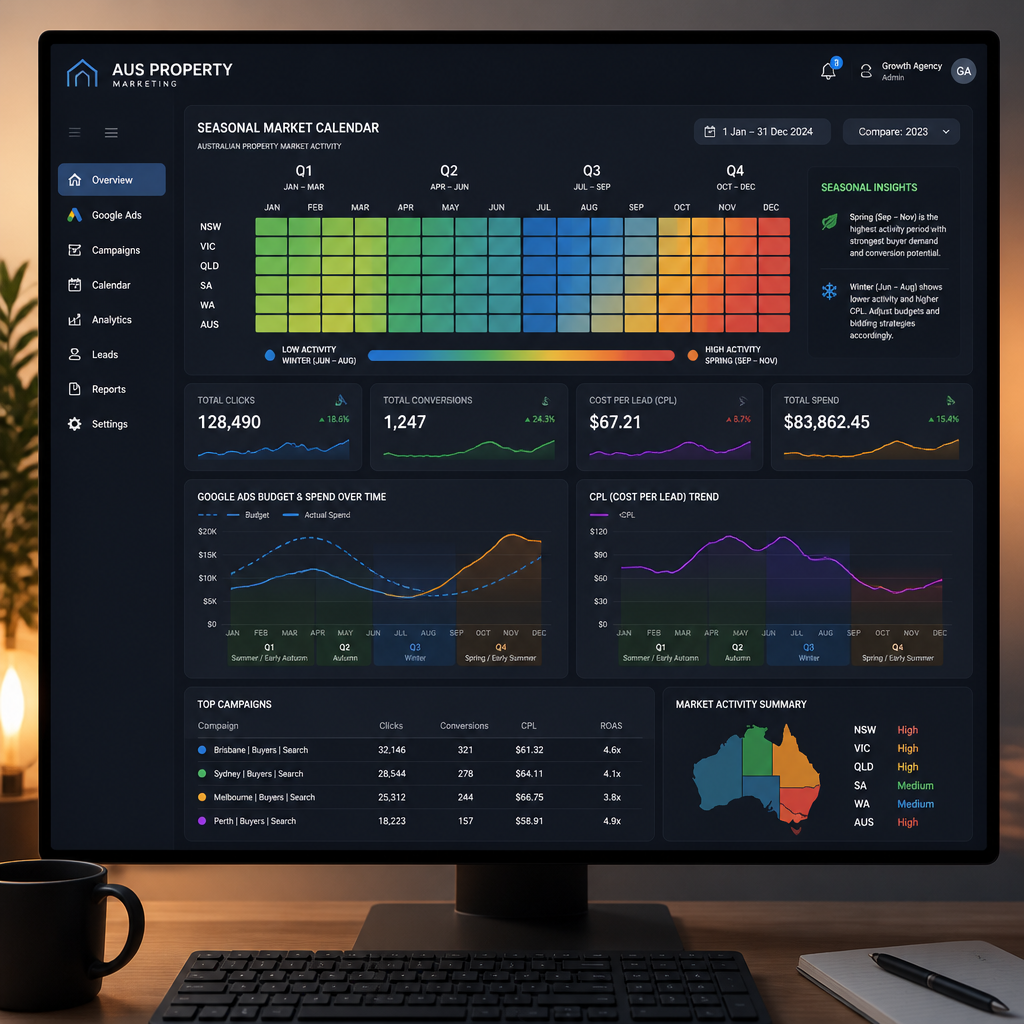 Australian property market seasonal cycle dashboard showing quarterly Google Ads performance metrics