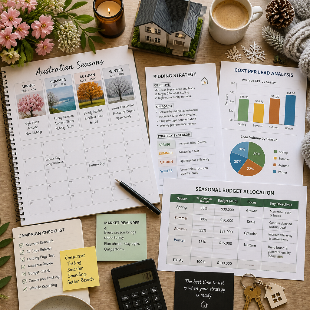 Real estate seasonal planning workspace with strategy documents and Australian market analysis materials