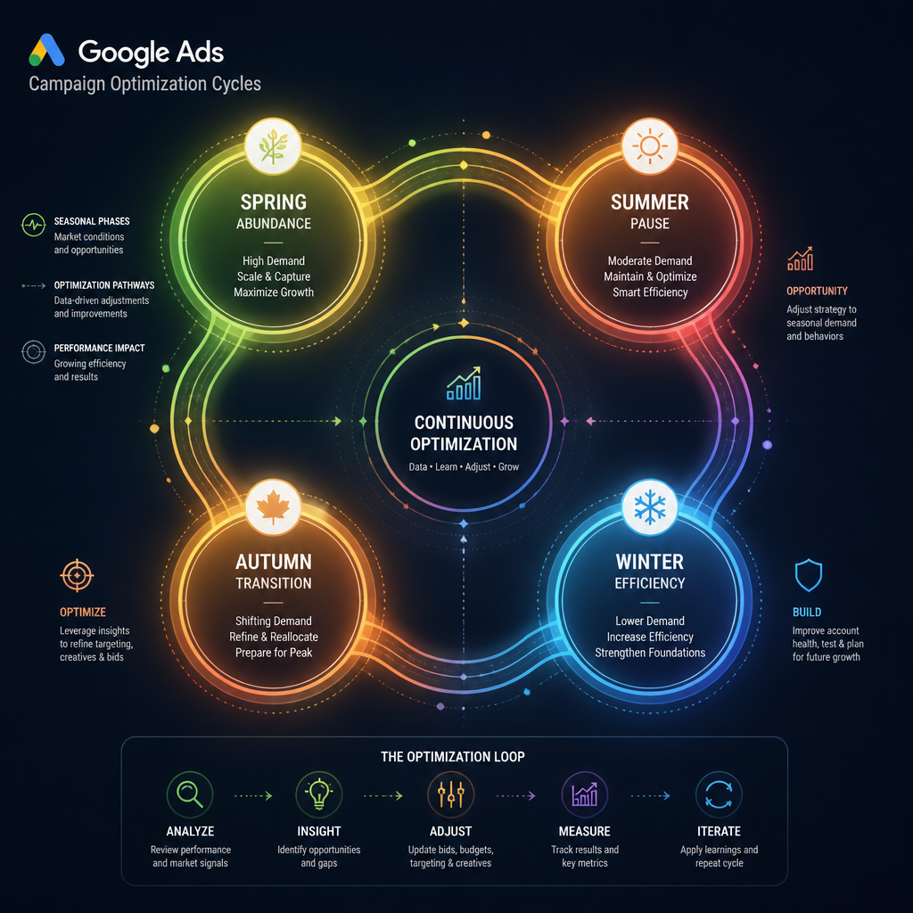 Abstract seasonal campaign optimization flow showing Google Ads strategy adjustments across Australian property market cycles