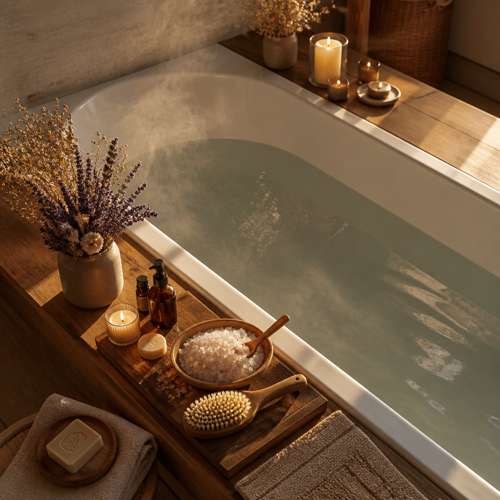 A tranquil bathtub setup with candles, flowers, and bath salts ready for a relaxing soak
