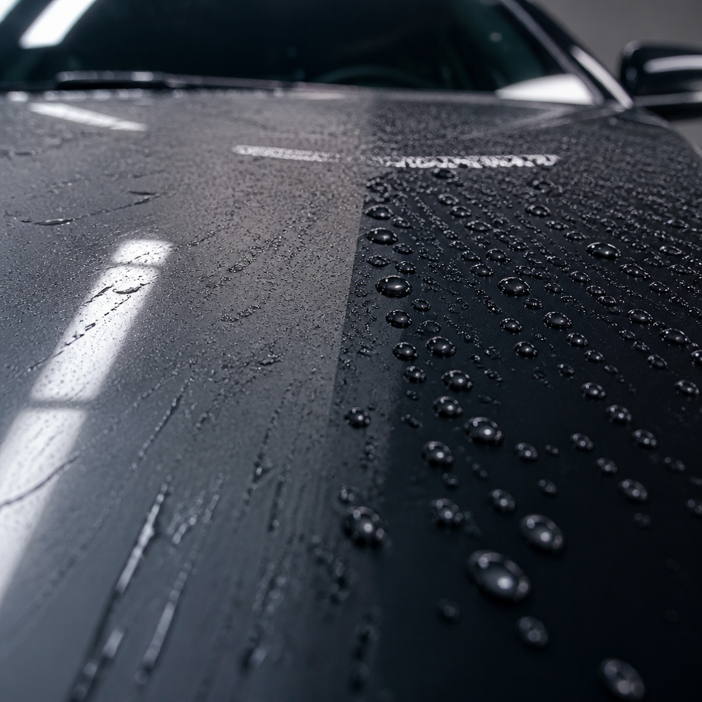 Water beading on a ceramic-coated car surface compared to a dull, uncoated area
