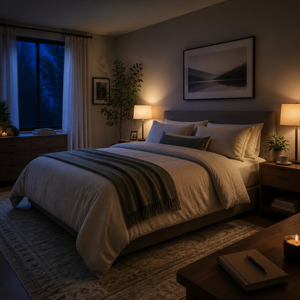 A calming bedroom ready for sleep with soft lighting and thoughtful bedside details