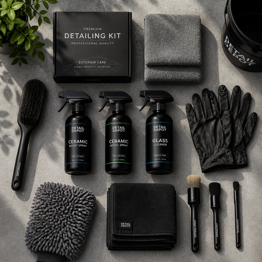 Professional ceramic coating maintenance detailing supplies and products laid out on a workspace