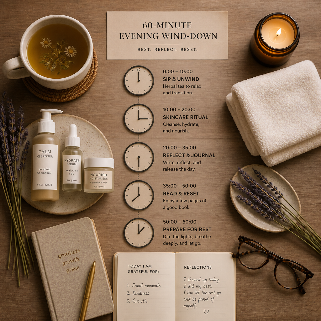 Curated selection of self-care evening routine items arranged to show the journey from bath to bed