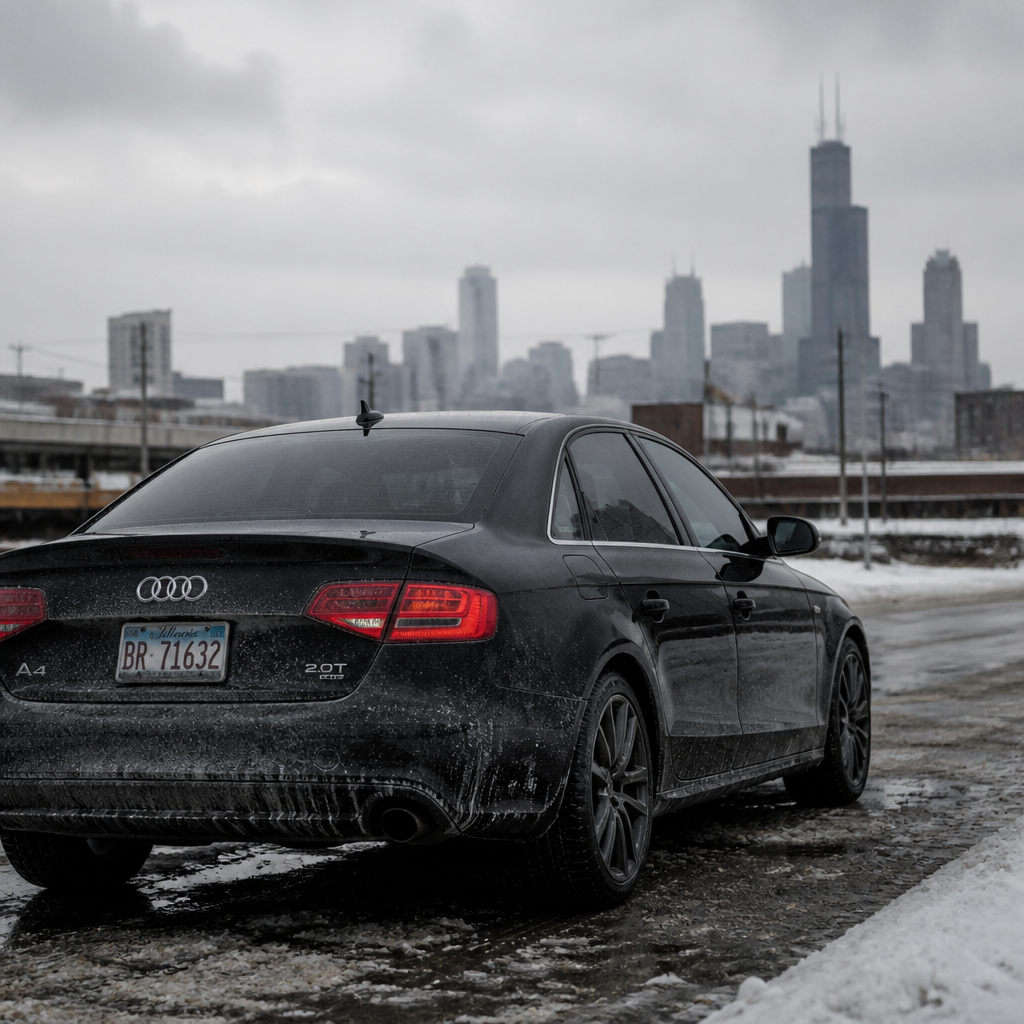 Car parked in a snowy Chicago suburb showing environmental wear from road salt and winter weather