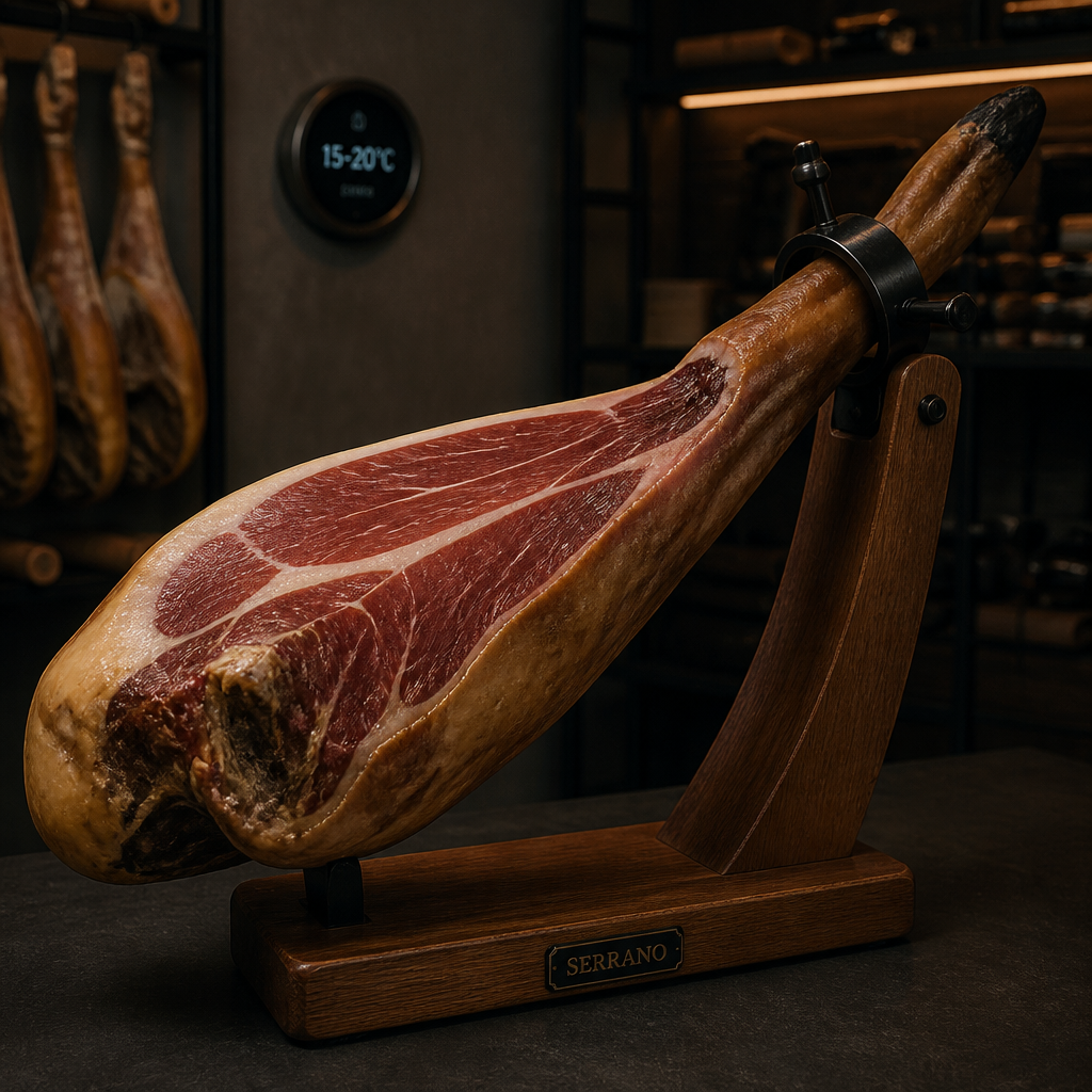 Jamón ibérico entero en jamonero en ambiente de conservación controlada