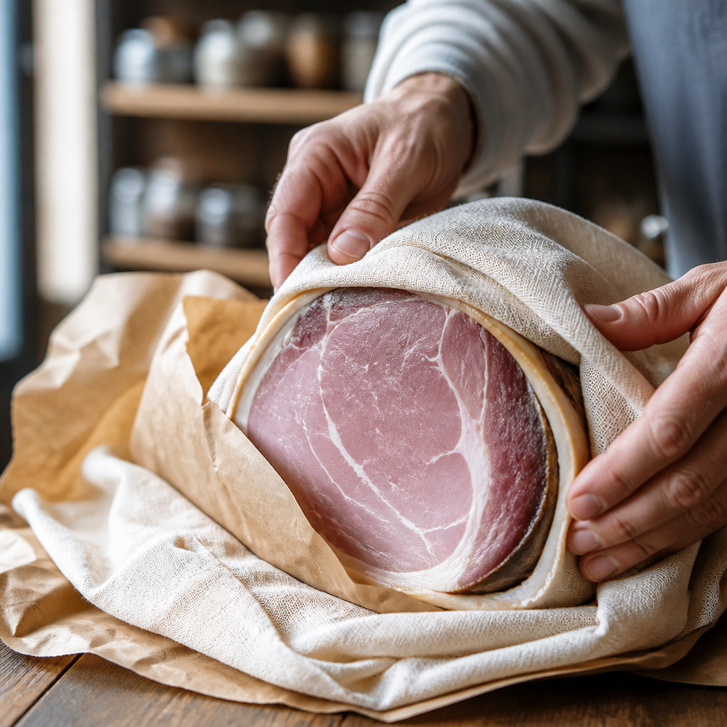 Cobertura protectora de la zona de corte del jamón ibérico con papel y tela