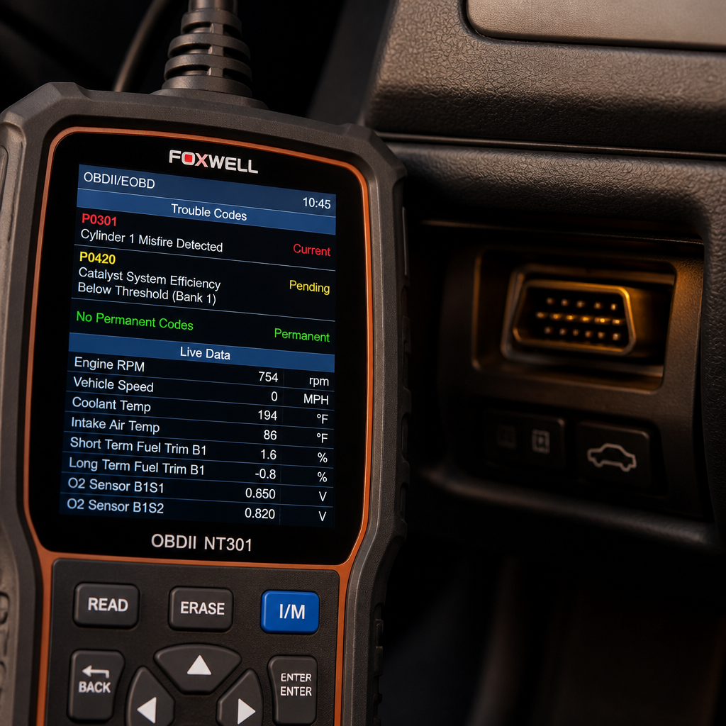 Car diagnostic scanner tool displaying OBD-II codes and sensor data