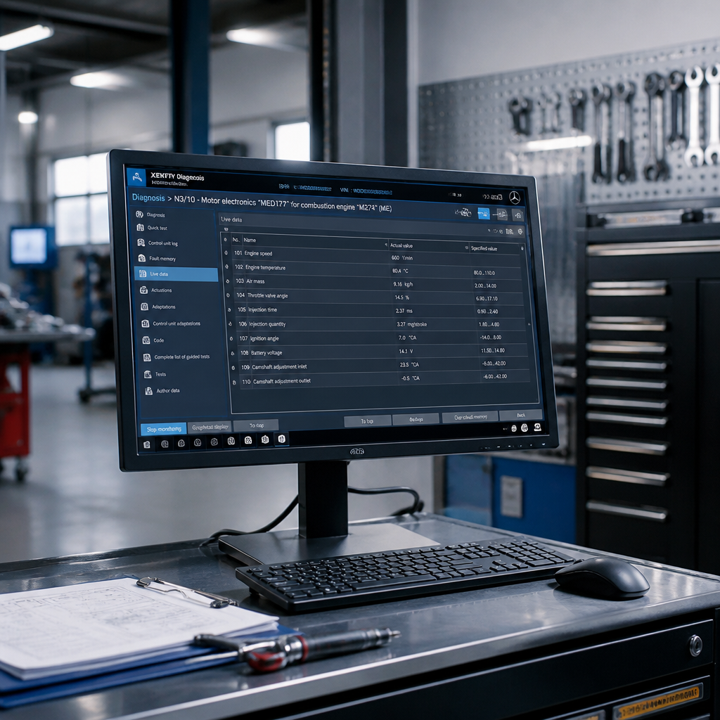 Automotive diagnostic workstation showing vehicle system analysis on computer display