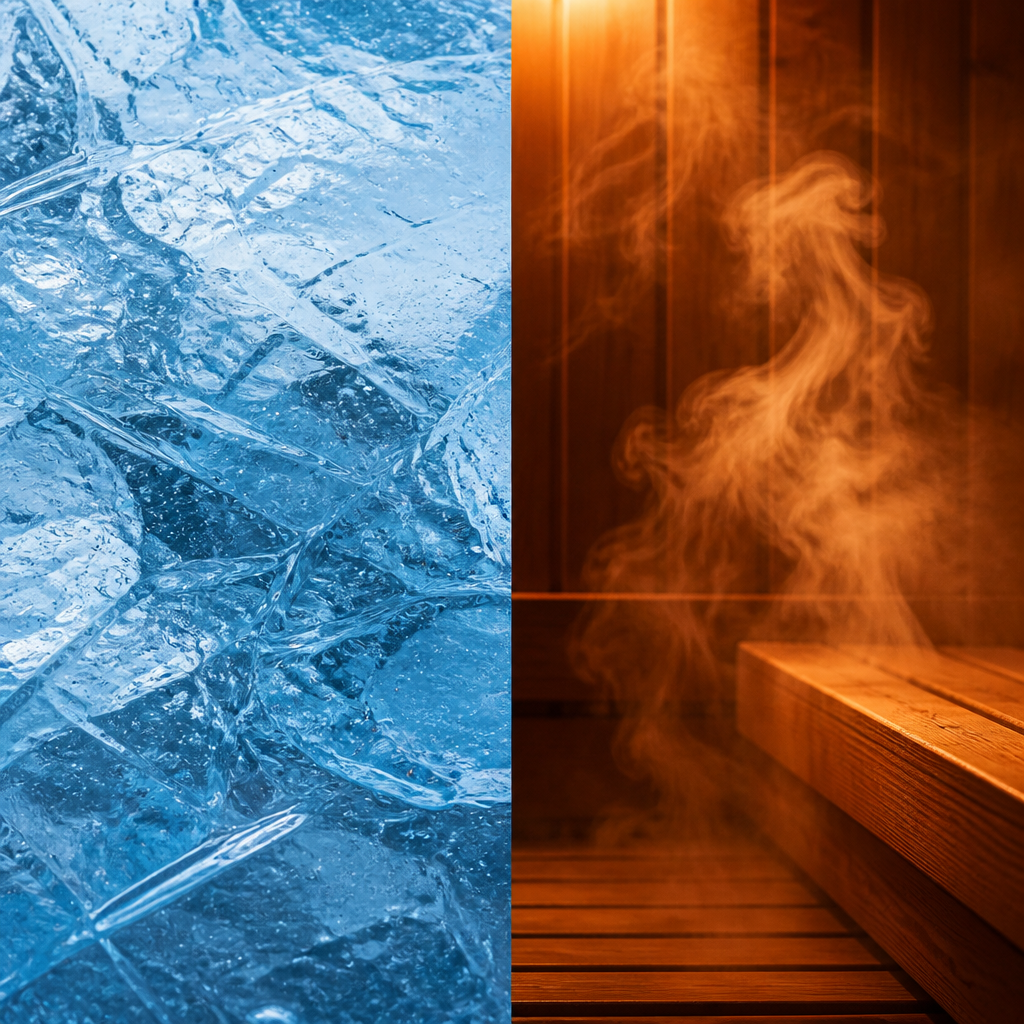 Comparação visual entre água fria e calor de sauna com texturas contrastantes