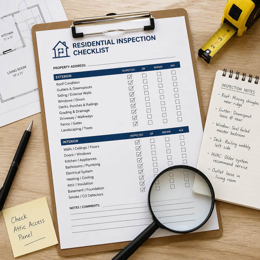 Pre-handover inspection checklist with tools on a work surface