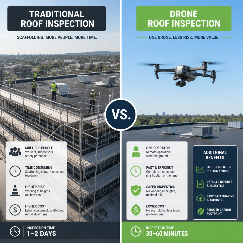 Sammenligning af traditionel taginspektion med stillads over for dronebaseret inspektion