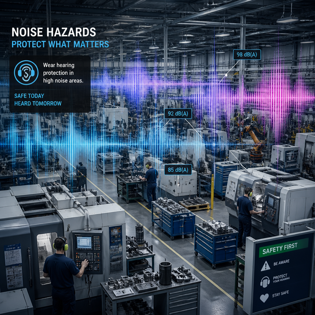 Factory floor with sound wave visualization representing workplace noise hazards