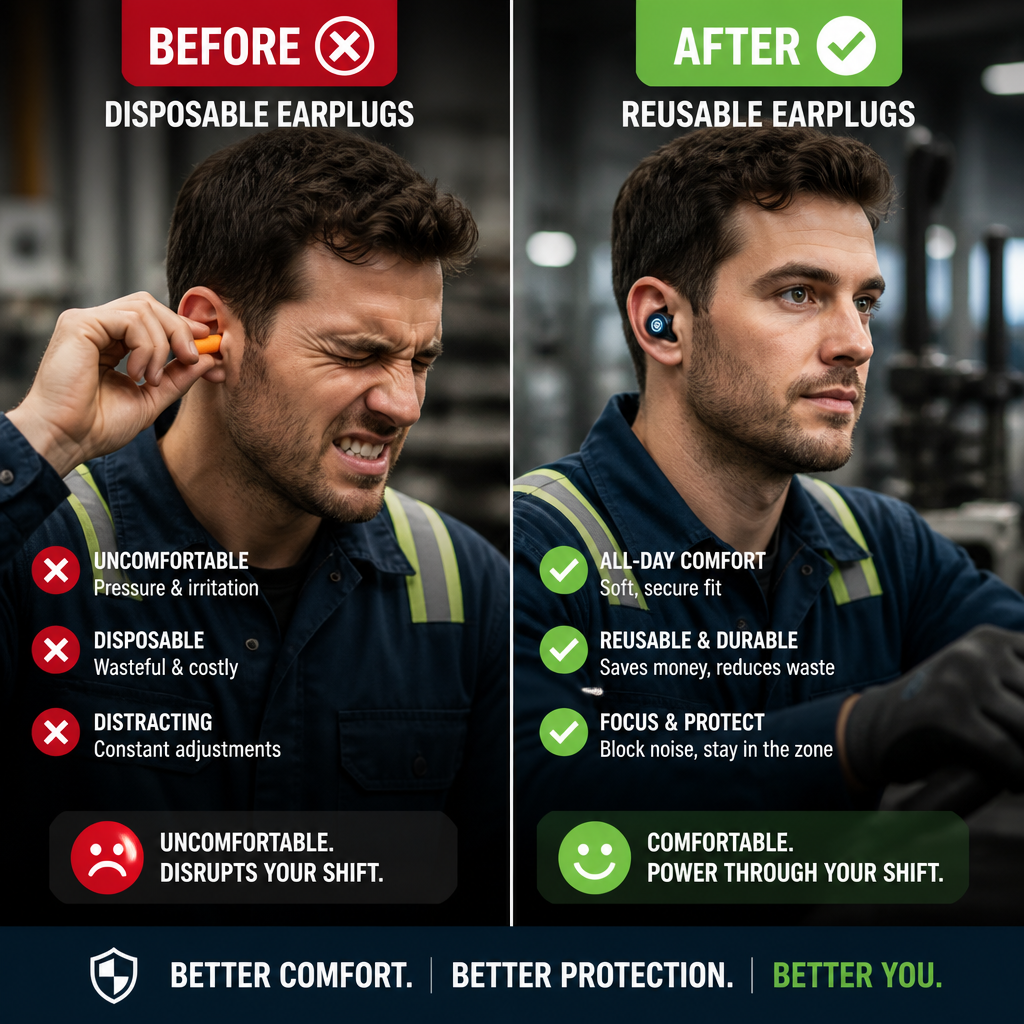 Before and after comparison of earplug comfort during factory work shift