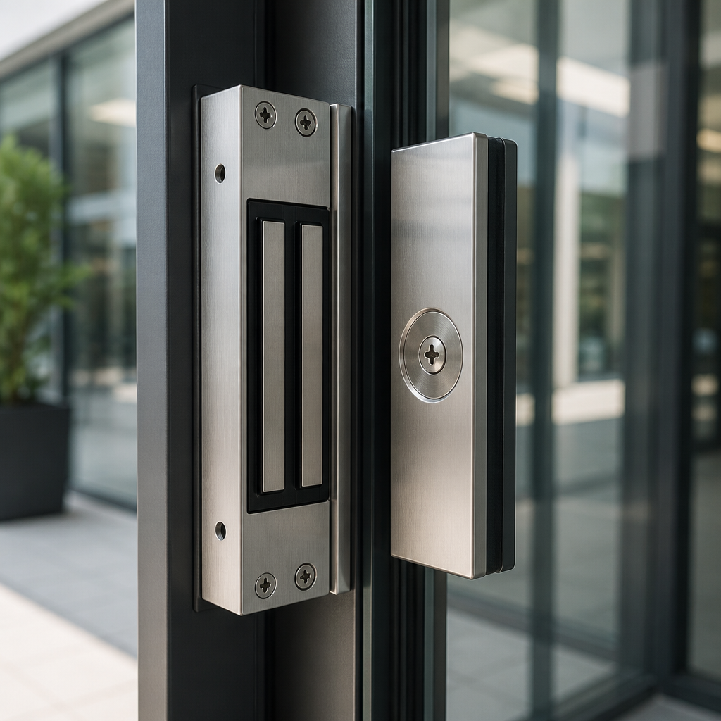 Magnetic door lock mechanism mounted on a commercial glass door with visible electromagnetic components