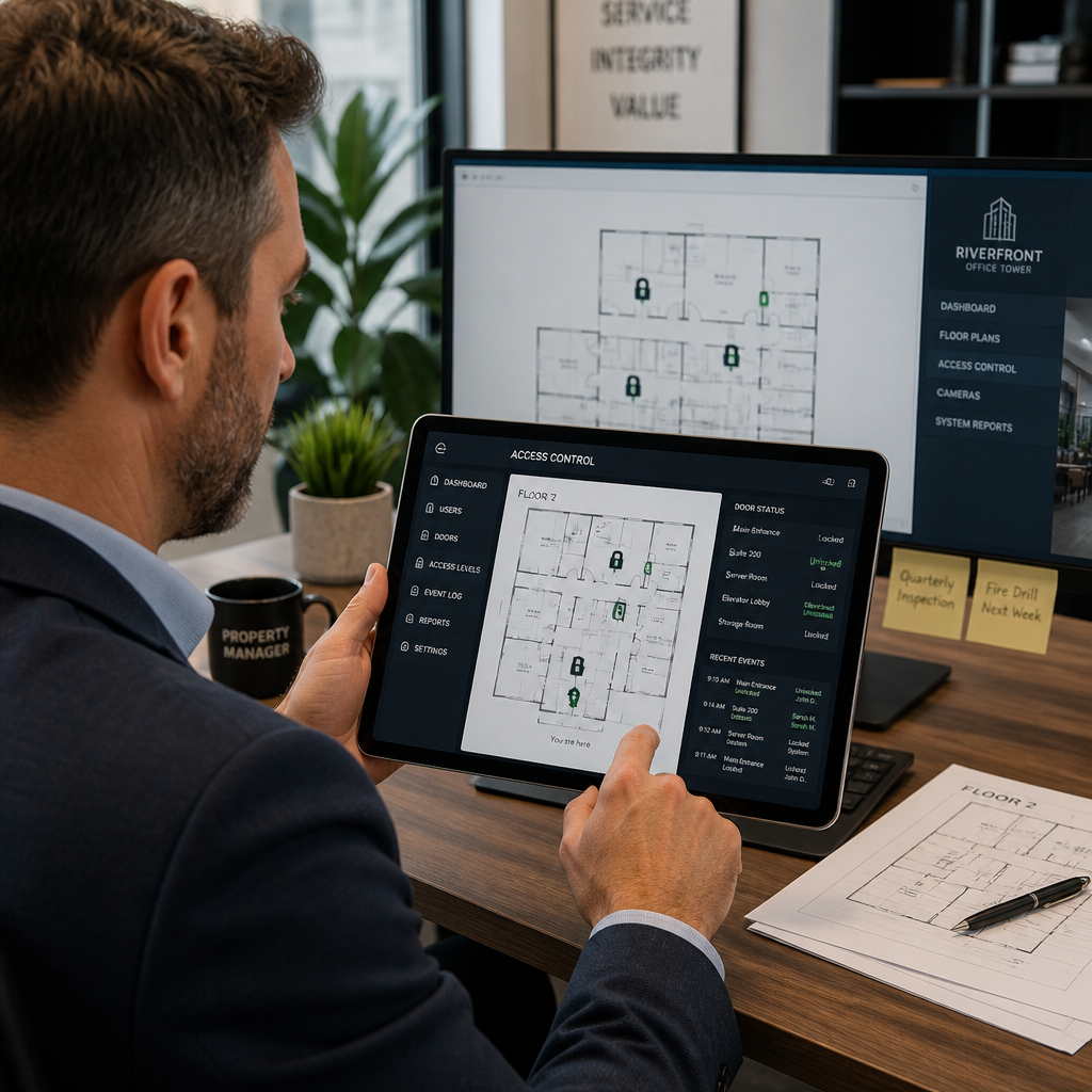 Property manager monitoring access control system on a digital device showing security interface