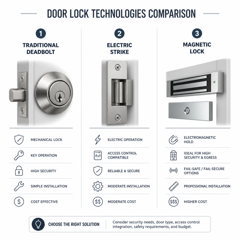 Visual comparison of three door lock types shown as modern minimalist icons
