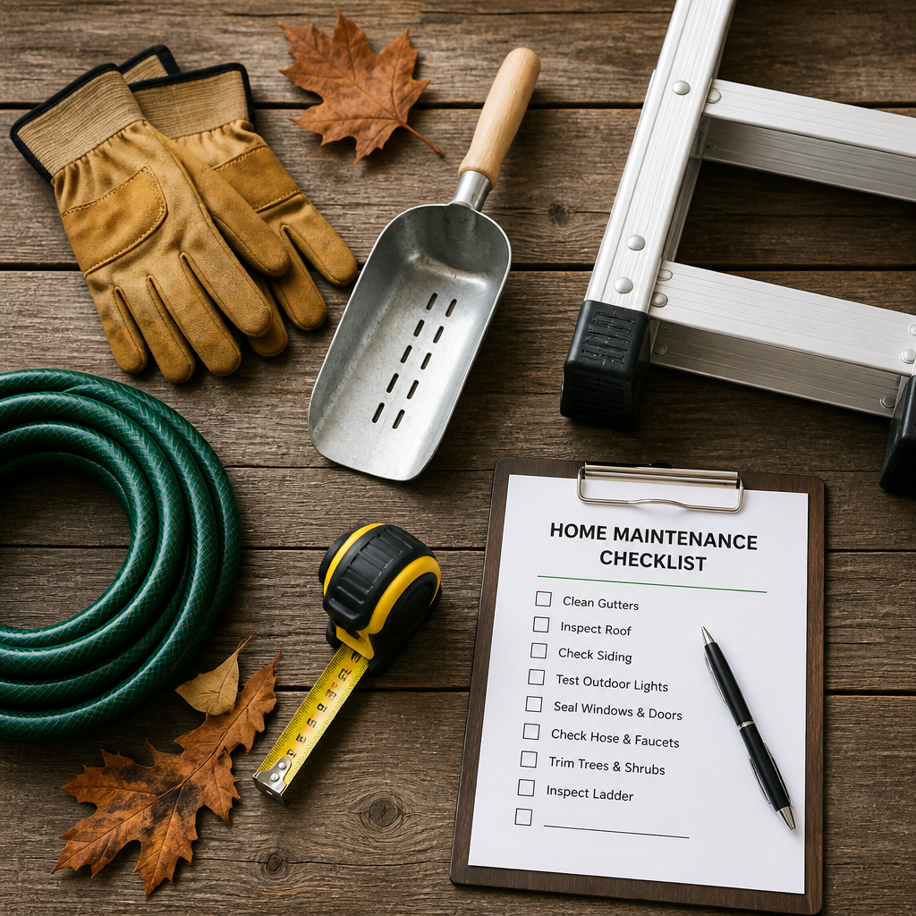 Home maintenance tools and supplies for eavestrough cleaning laid out on wooden surface