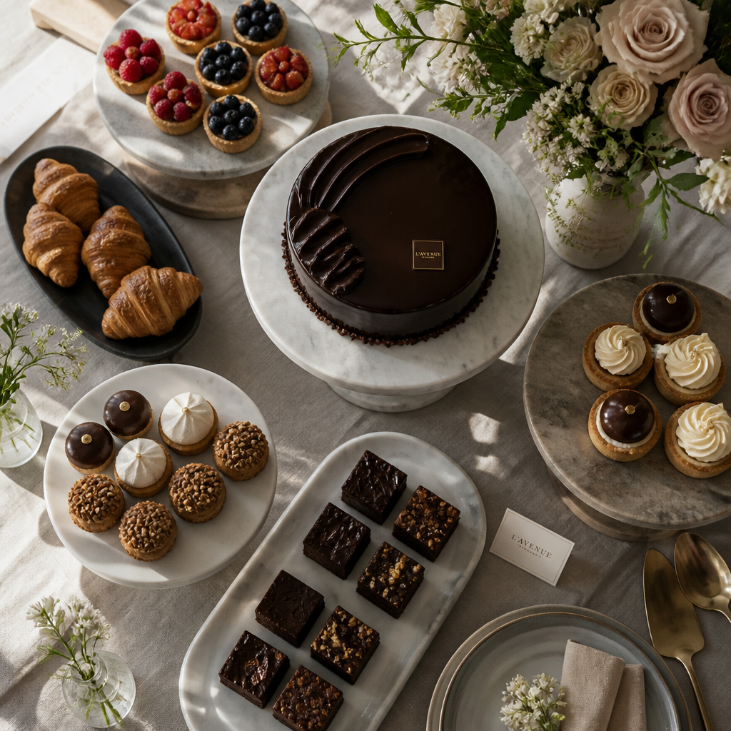 Overhead view of an elegantly styled dessert table with a chocolate cake centerpiece surrounded by tarts, pastries, and brownies