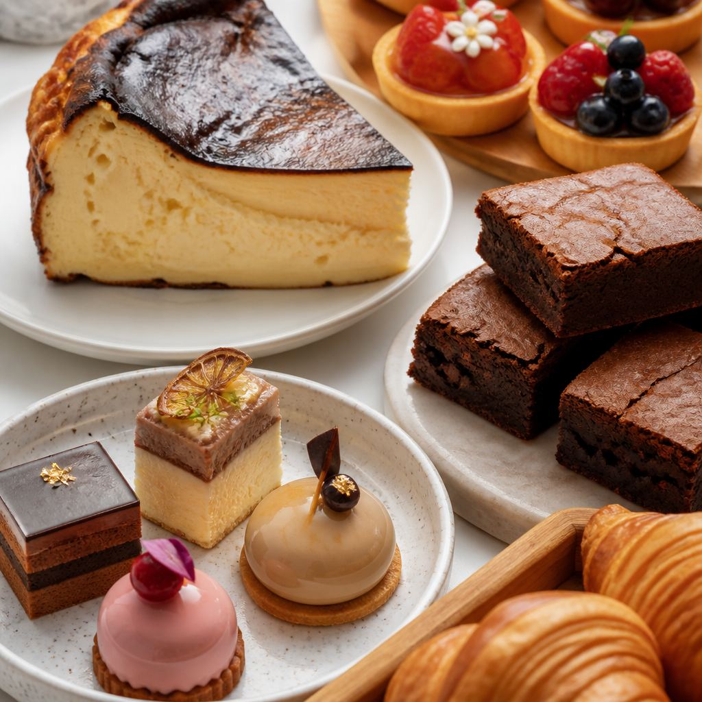Close-up detail of various desserts including cheesecake slice, berry tarts, brownies, and petit fours arranged on a styled surface