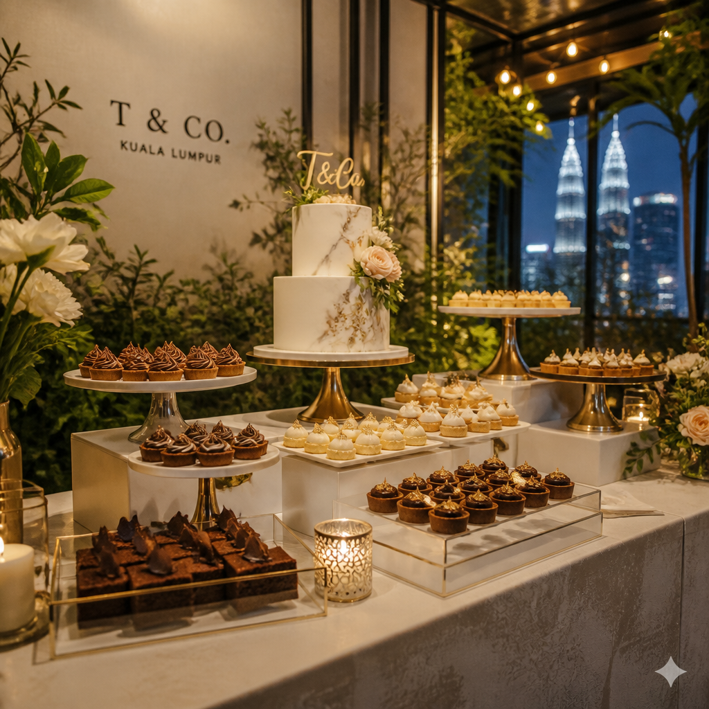 Wide view of a professionally arranged tiered dessert display with cake stands and varied heights showcasing multiple pastry types