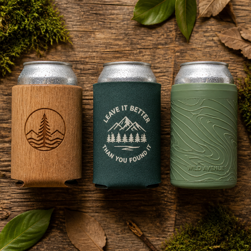 Three types of can coolers (wooden, foam, and silicone) displayed side by side on a wooden surface