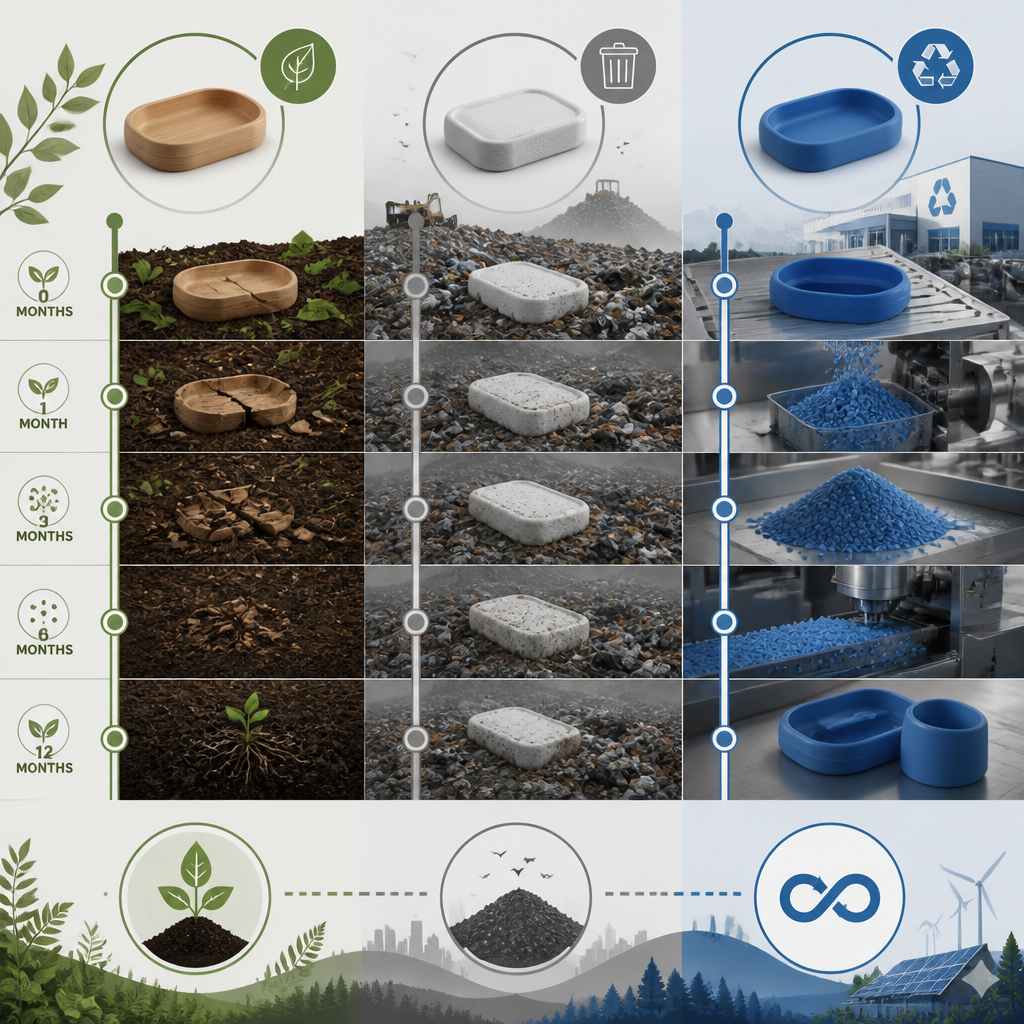 Visual comparison of decomposition timelines for wooden, foam, and silicone materials in different environments