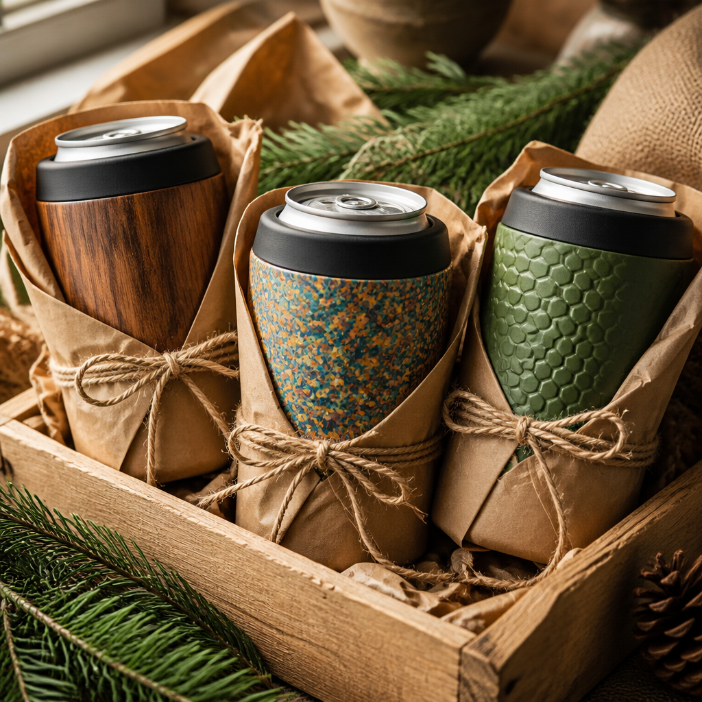 Sustainable gift presentation with three different can cooler materials wrapped in eco-friendly packaging materials