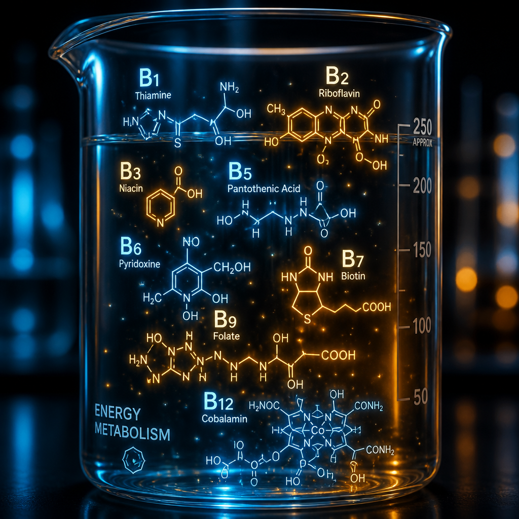 Abstract visualization of B vitamin molecular structures with glowing compounds and chemical bonds