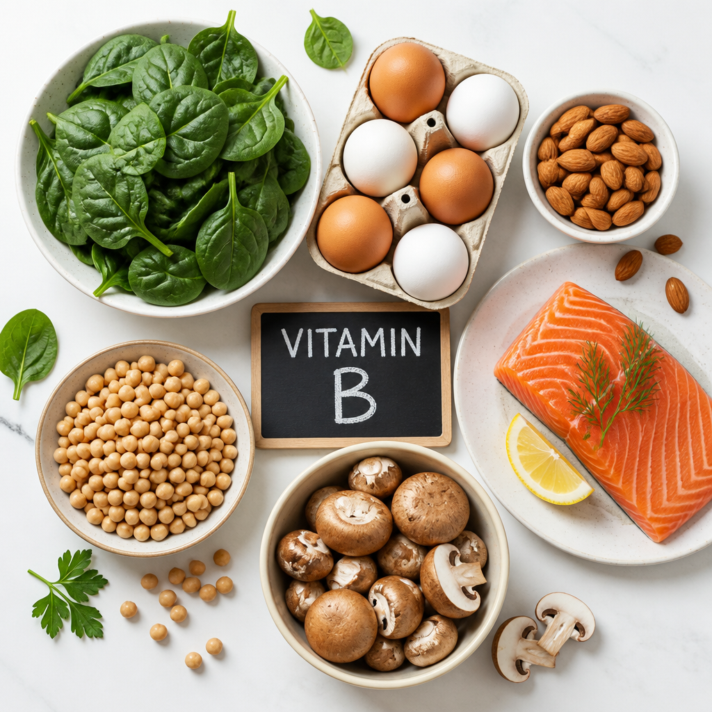 Flat-lay arrangement of whole foods rich in B vitamins including greens, eggs, nuts, and legumes