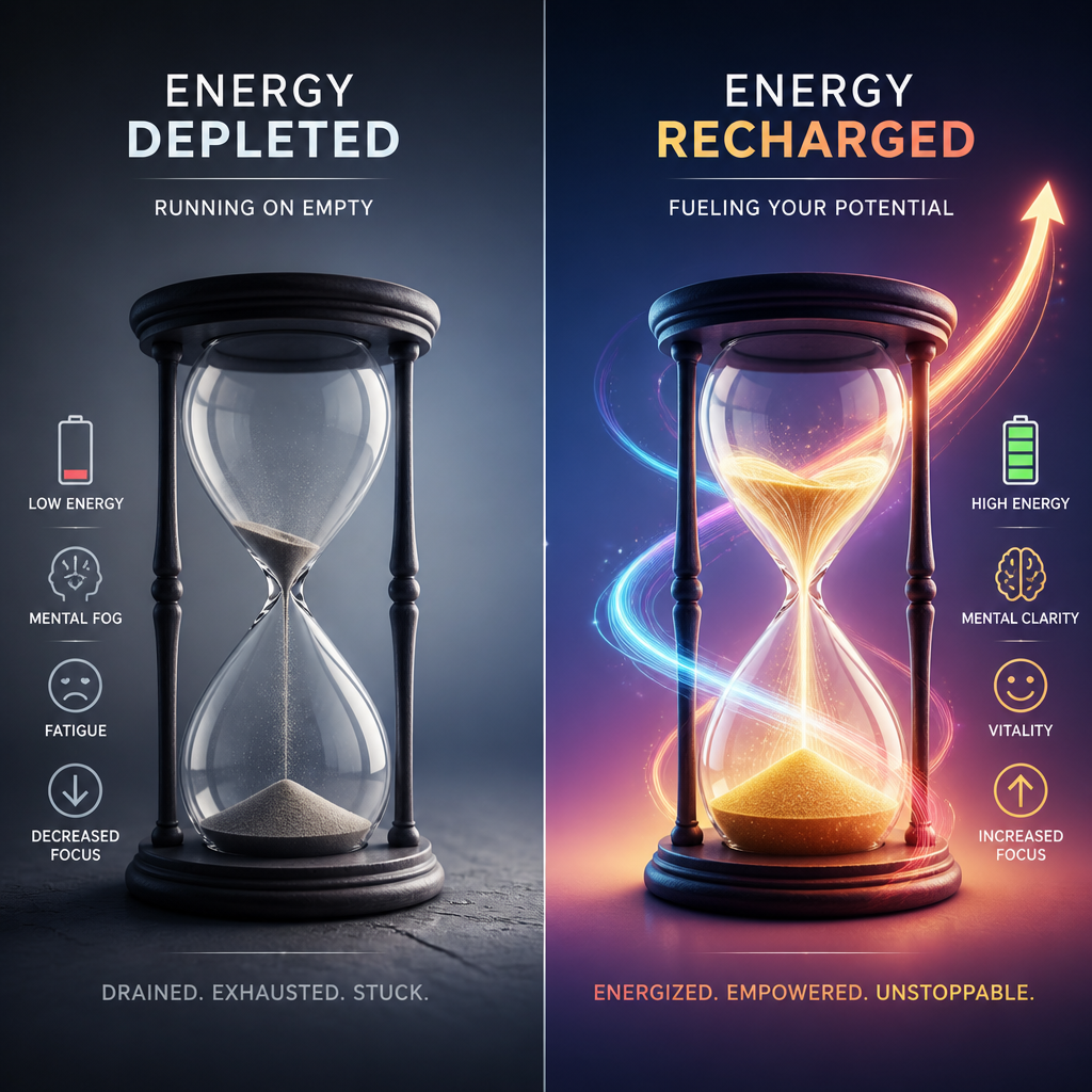 Split visualization comparing low energy depletion versus restored energy using symbolic hourglass imagery