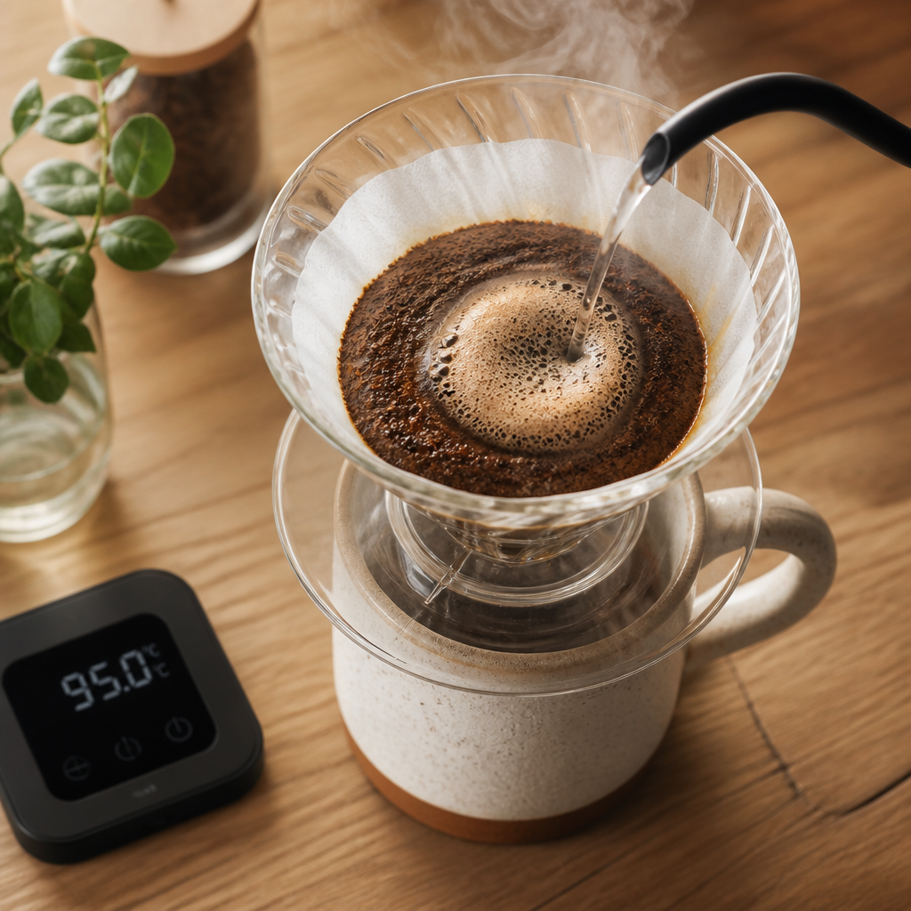 Overhead view of pouring hot water into a pour-over coffee dripper