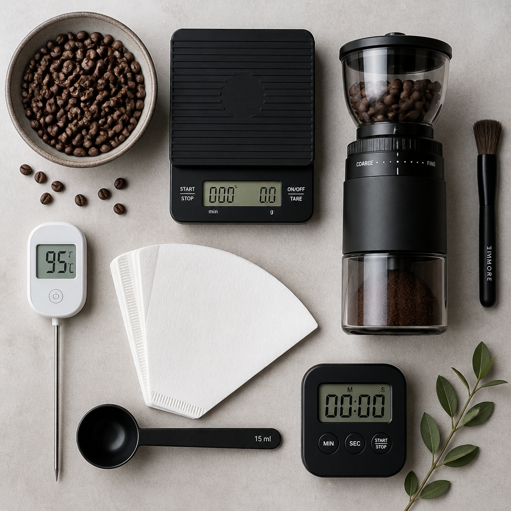 Flat lay arrangement of coffee brewing tools and equipment