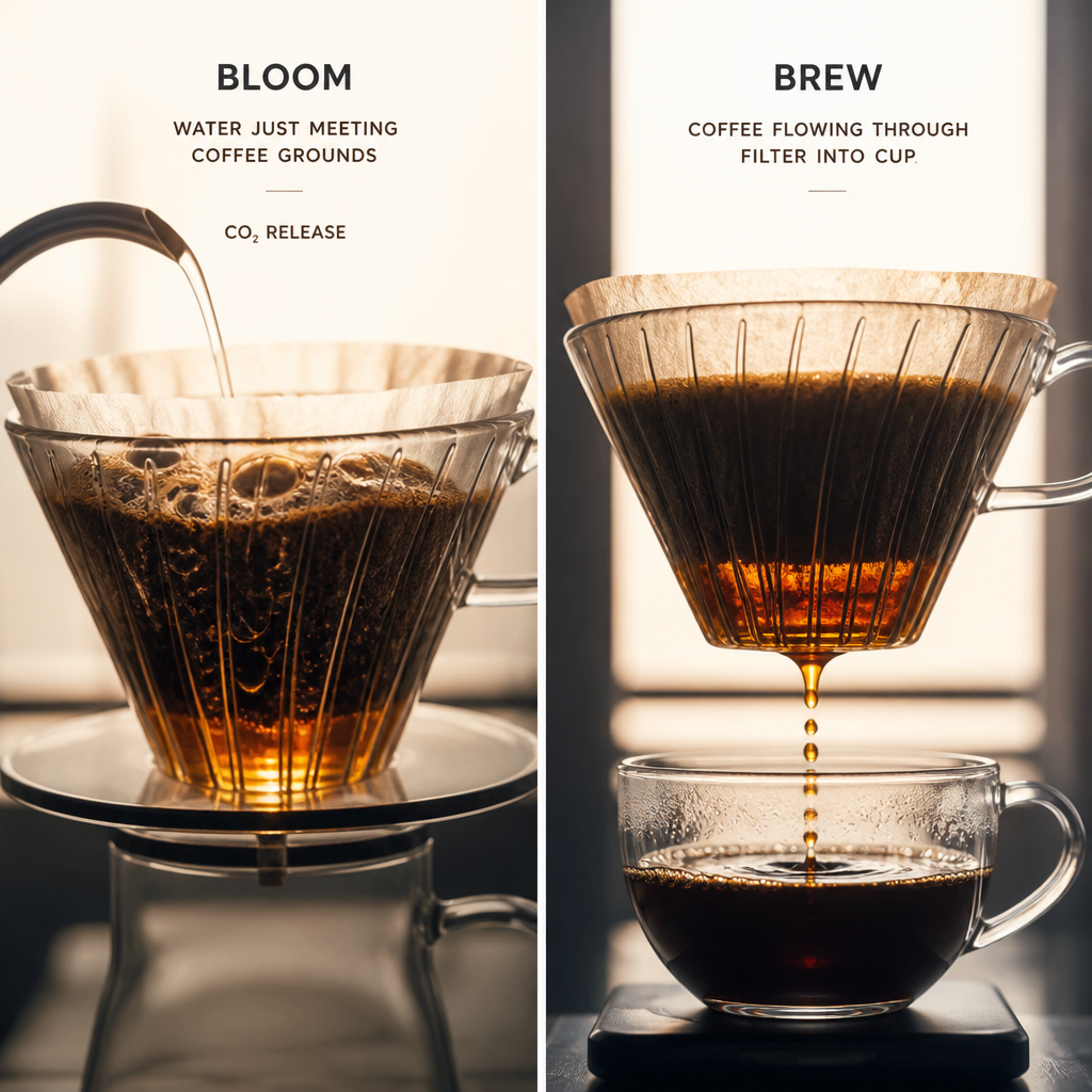 Side-by-side comparison of the coffee bloom phase and the brewing process