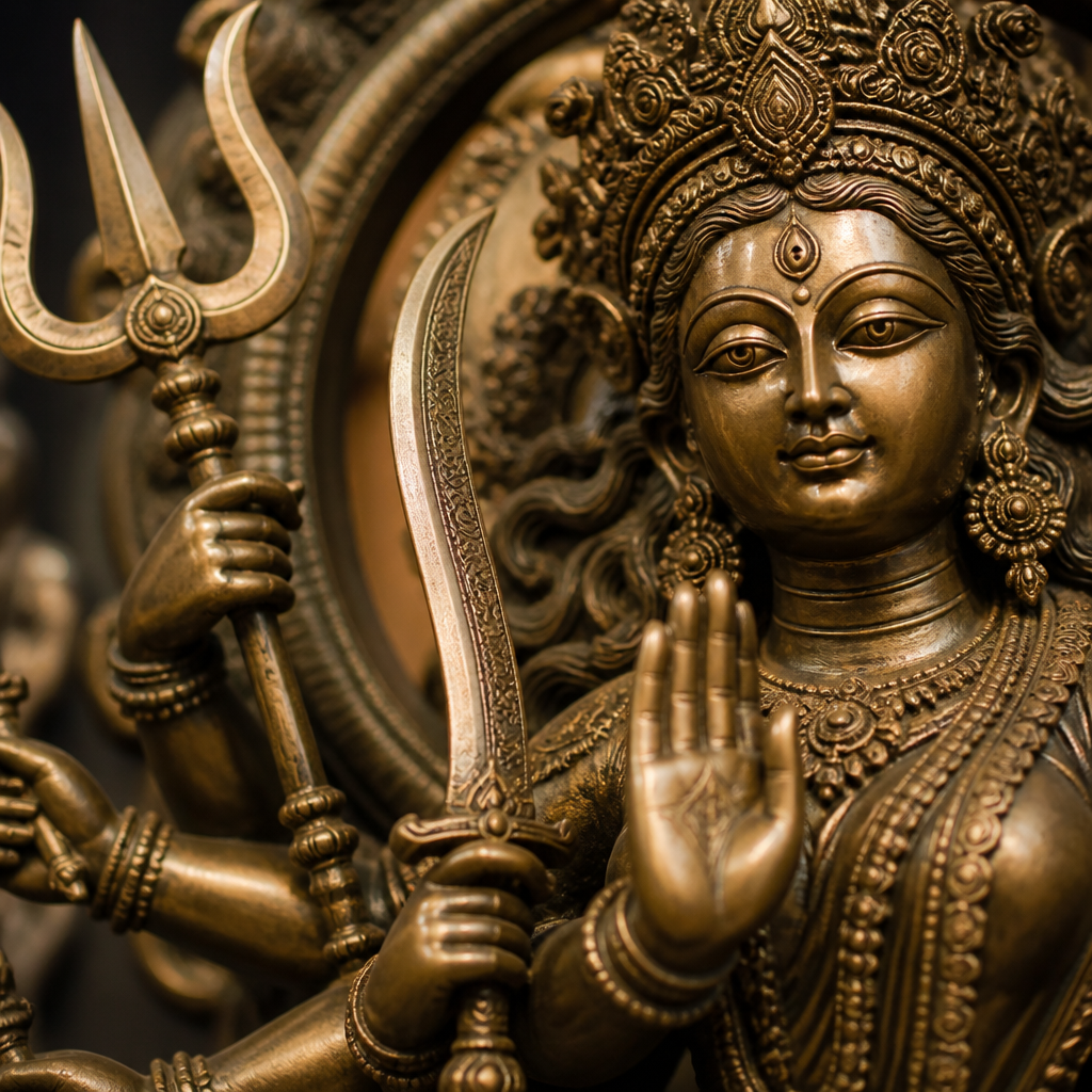 Detailed view of bronze Durga statue hands holding sacred weapons and implements