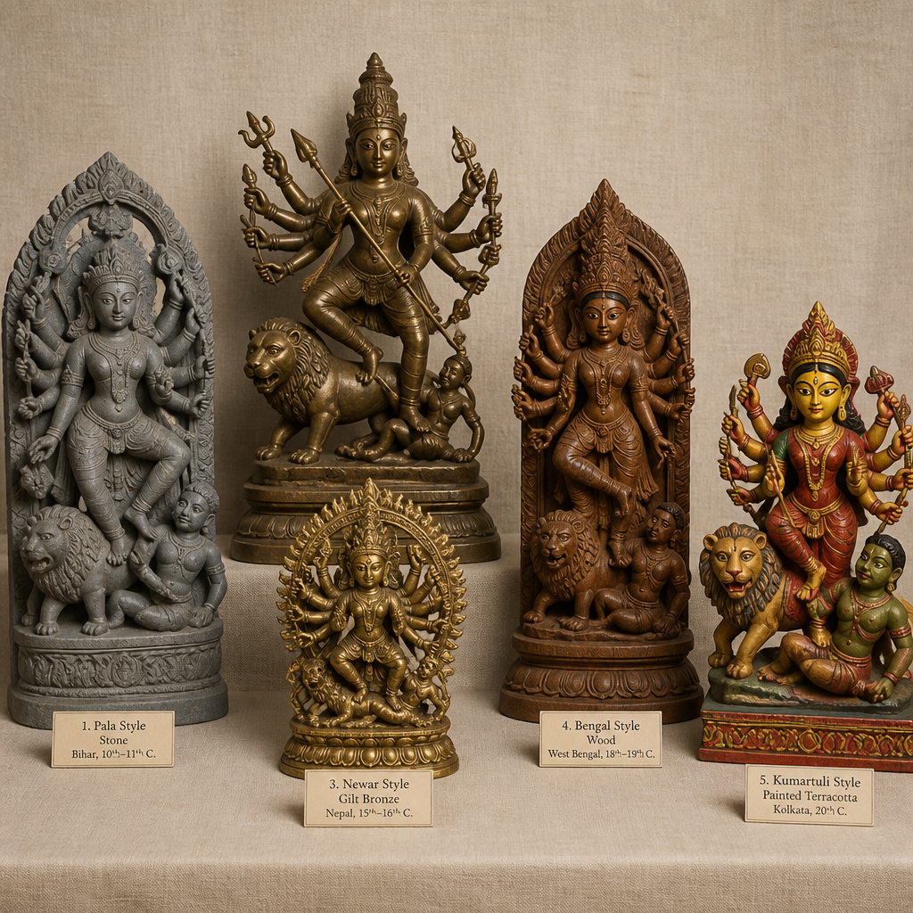 Collection of five Durga statues in different styles and materials arranged for comparison
